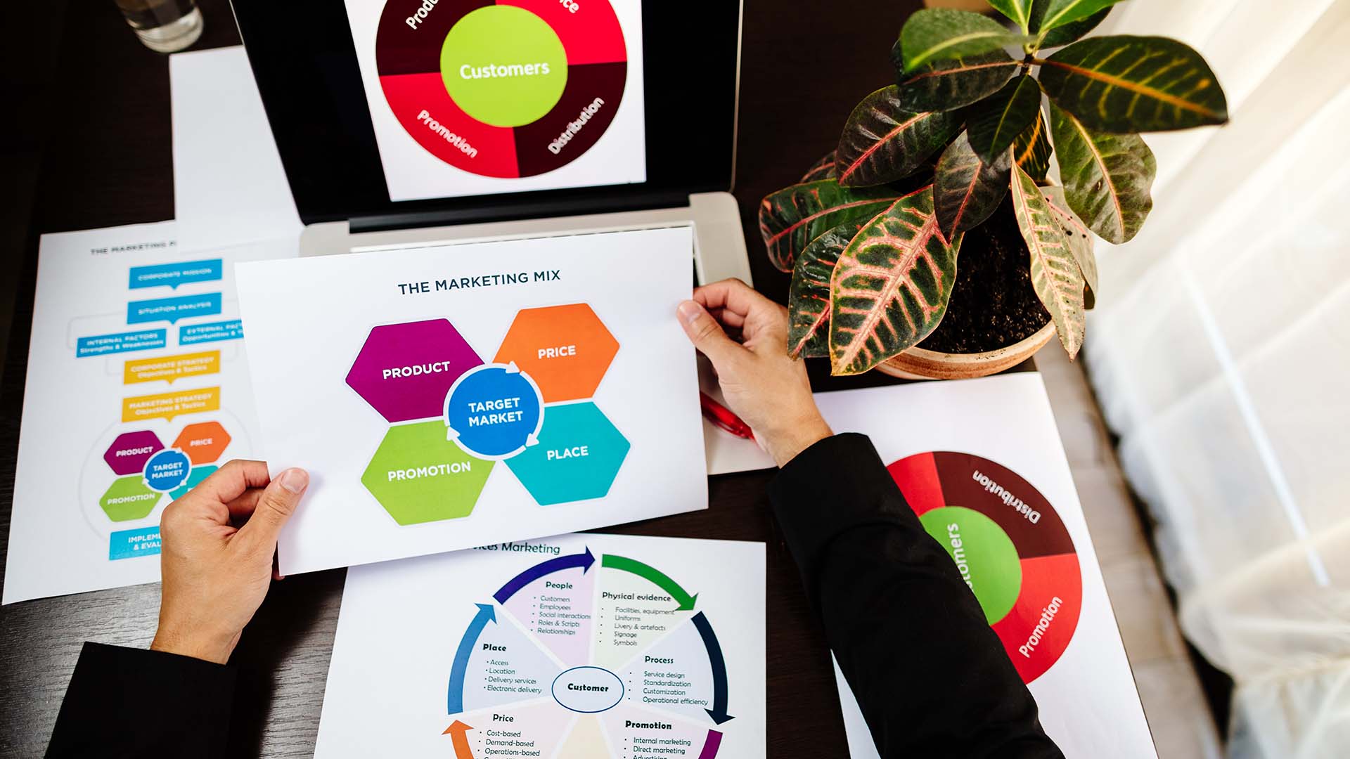 A person holding a marketing mix diagram outlining key strategies including product, price, promotion, and place, with a focus on target customers for building a landscaping brand.